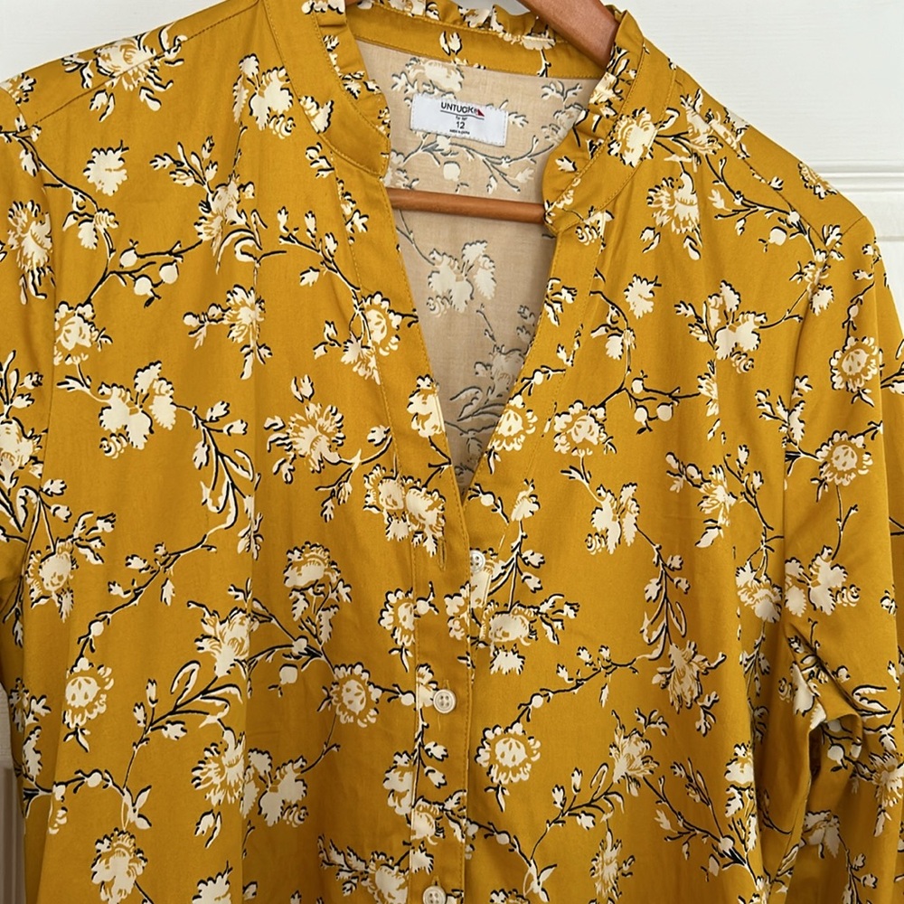 UNTUCKit Jane Shirt Dress Womens 12 Yellow Floral Tie Tiered V-Neck Long Sleeve - Picture 9 of 10